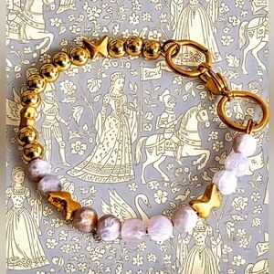 Natural Pink Kunzite & Gold Beads In Half And Half Assymetrical  Bracelet